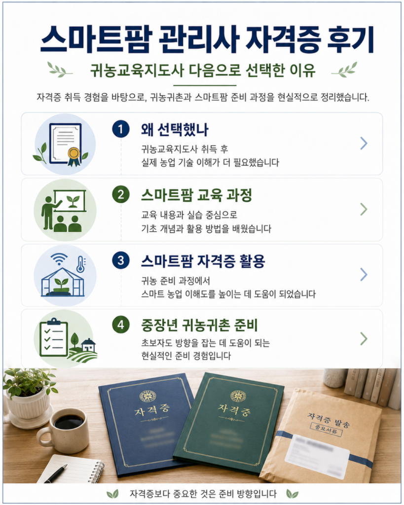 귀농교육지도사 이후 스마트팜 관리사 자격증 취득 과정을 정리한 인포그래픽