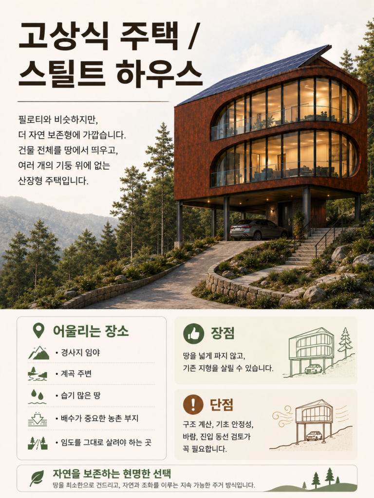경사지 임야와 배수가 필요한 농촌 부지에서 고상식 주택과 스틸트 하우스를 검토할 때 장점과 주의사항을 정리한 카드뉴스