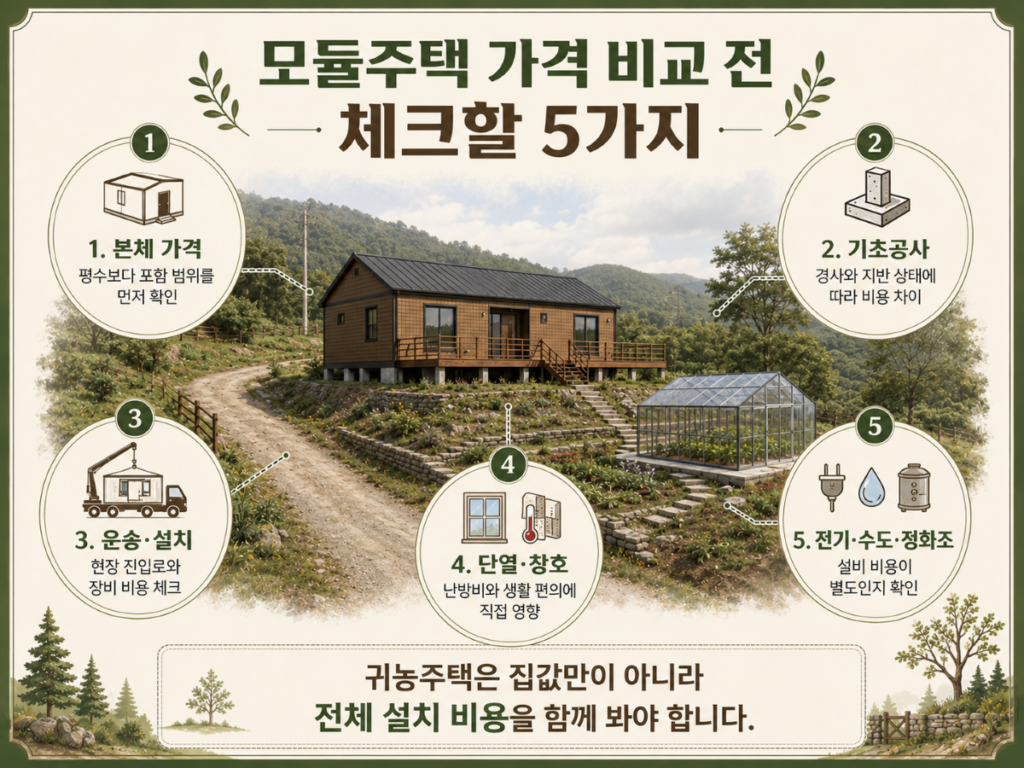 모듈주택 가격 비교 전 본체 가격, 기초공사, 운송 설치, 단열 창호, 전기 수도 정화조를 점검하는 귀농주택 비용 체크리스트 인포그래픽