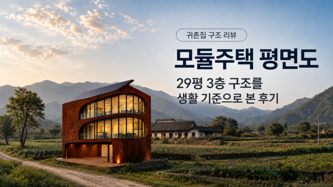산과 밭이 보이는 귀촌지에 지어진 29평 3층 모듈주택 외관과 평면도 후기 이미지