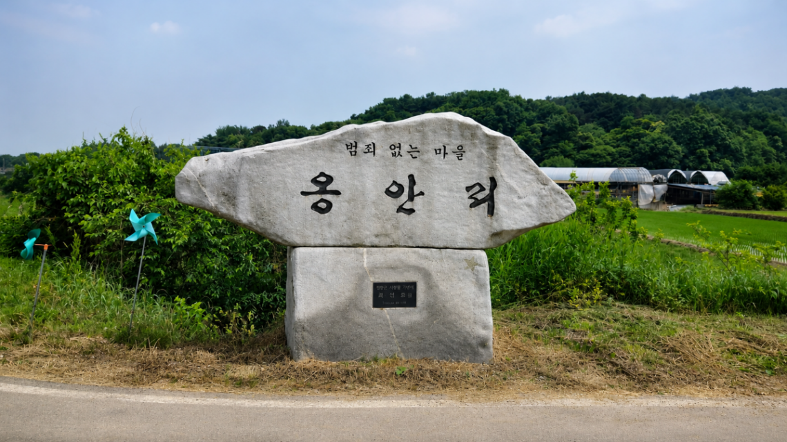 충남 예산군 옹안리 마을 입구 표지석과 주변 농촌 풍경을 담은 귀농 현장 방문 사진