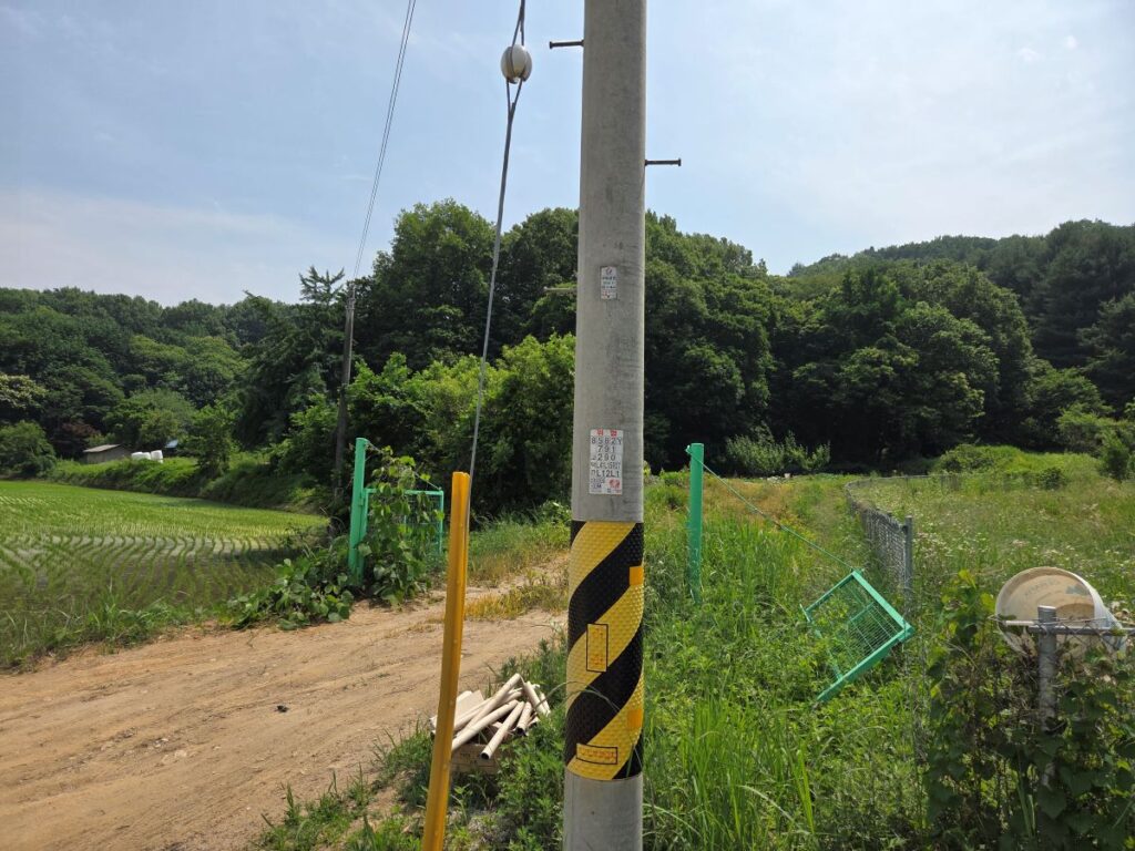 예산 옹안리 진입로 옆 전봇대와 토지 경계를 보며 전기 인입과 기반시설 비용을 검토하는 사진