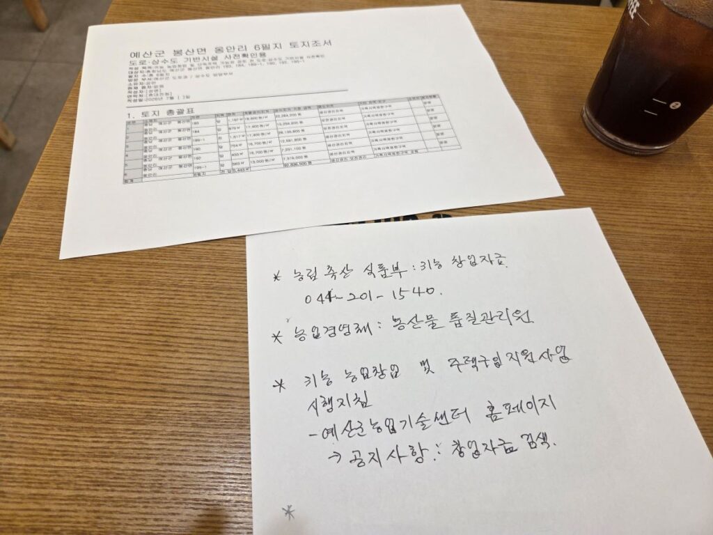 예산농업기술센터 담당자가 귀농 창업자금과 주택구입자금 상담 내용을 직접 적어준 메모