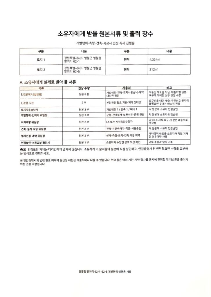 개발행위와 측량 건축 준비를 위해 정리한 인감증명서와 위임장 등 서류 목록